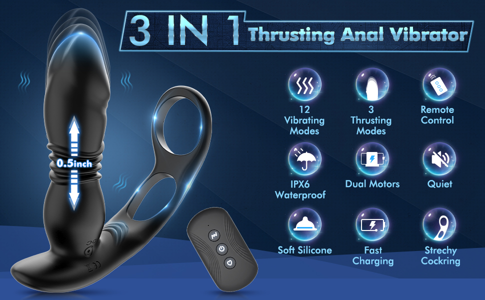 lovesvibe 12 vibration modes thrusting butt plug, 3 in 1 dual cock ring anal dildo
