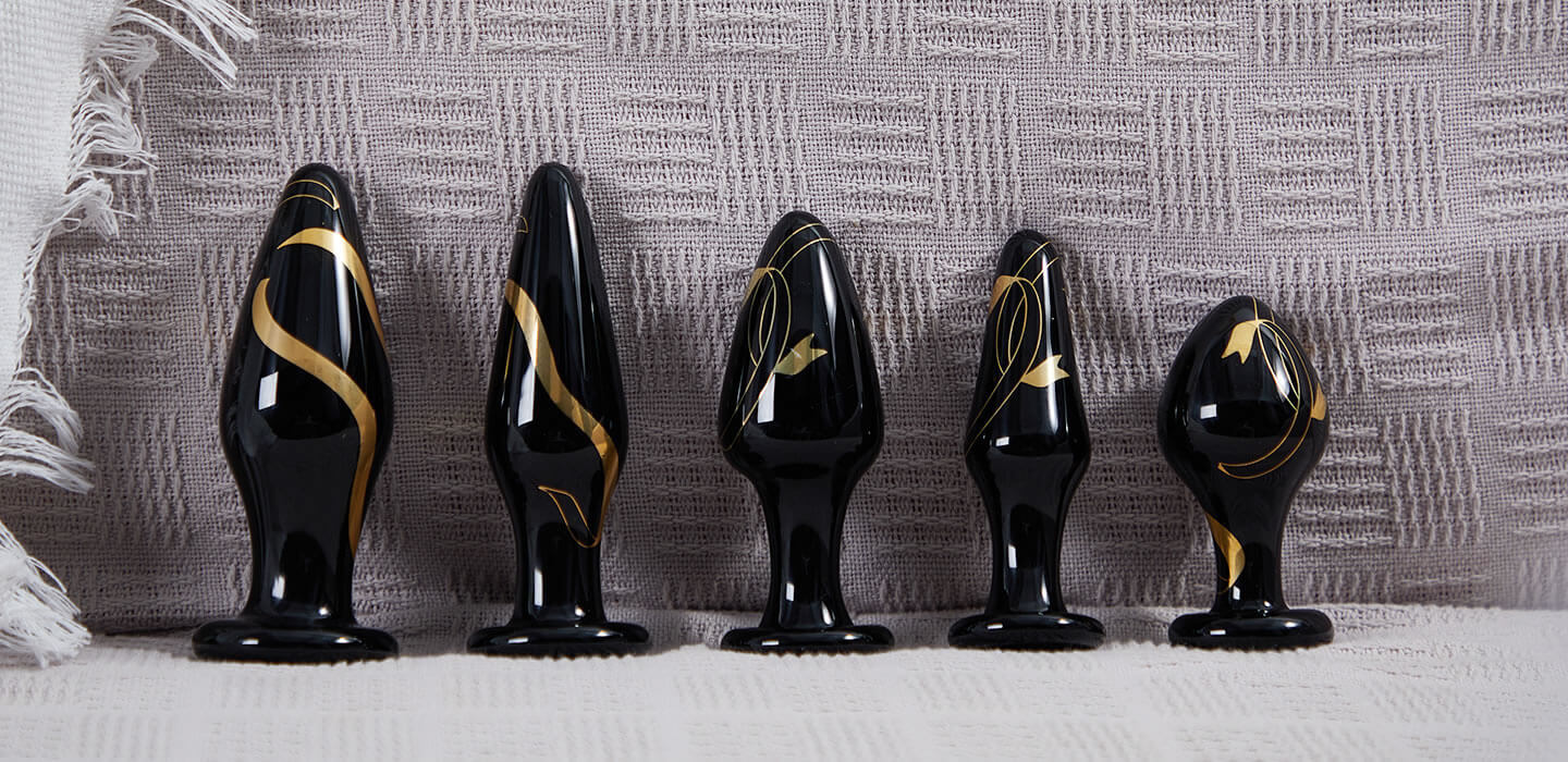 Lovesvibe Portable Glass Wide Butt Plug Couple Expanding Black Gold Anal Toys Sets - 5 PCS