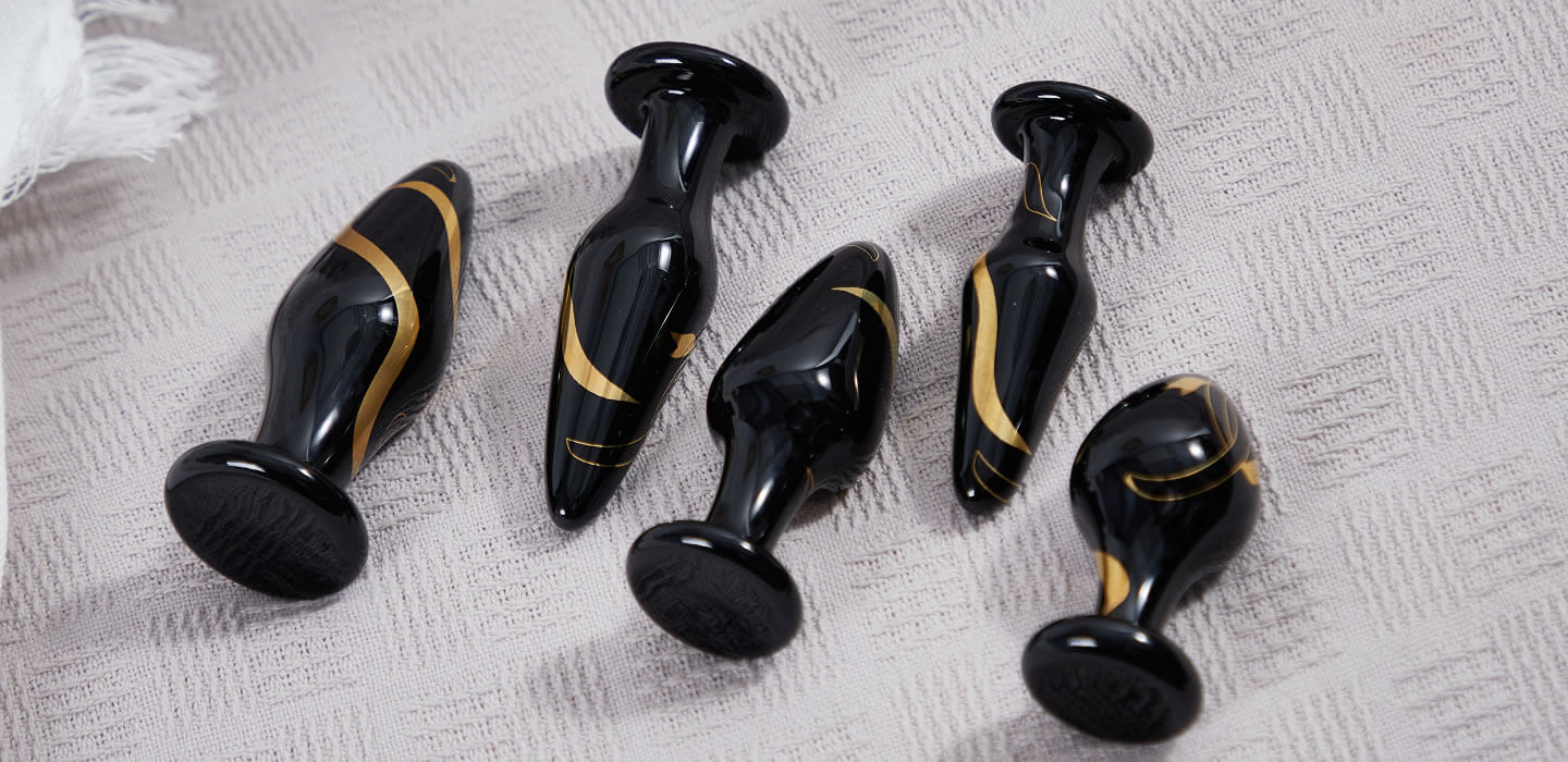 Lovesvibe Portable Glass Wide Butt Plug Couple Expanding Black Gold Anal Toys Sets - 5 PCS