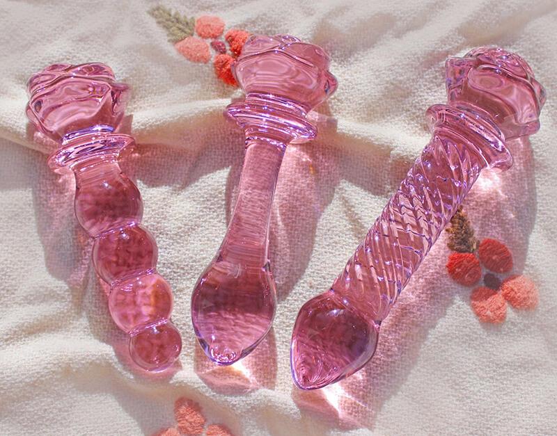 3 Pcs Pink Glass Dildo Set, Rose Crystal Butt Plug Beads Dildo for Adult Anal Training