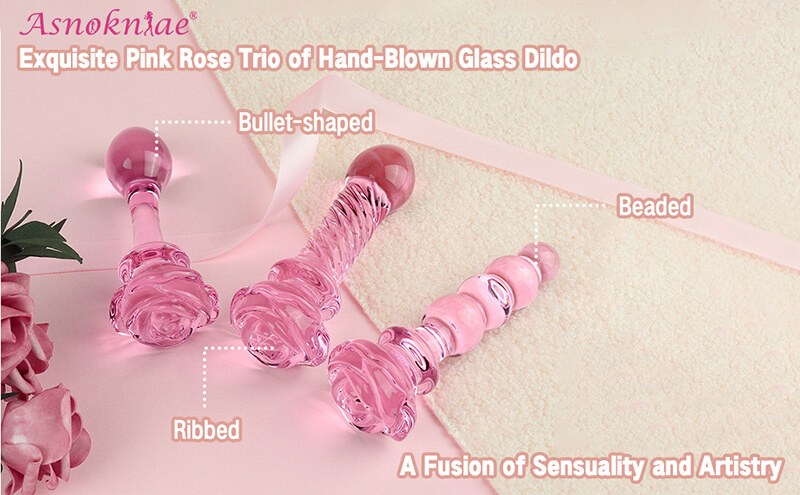 3 Pcs Pink Glass Dildo Set, Rose Crystal Butt Plug Beads Dildo for Adult Anal Training