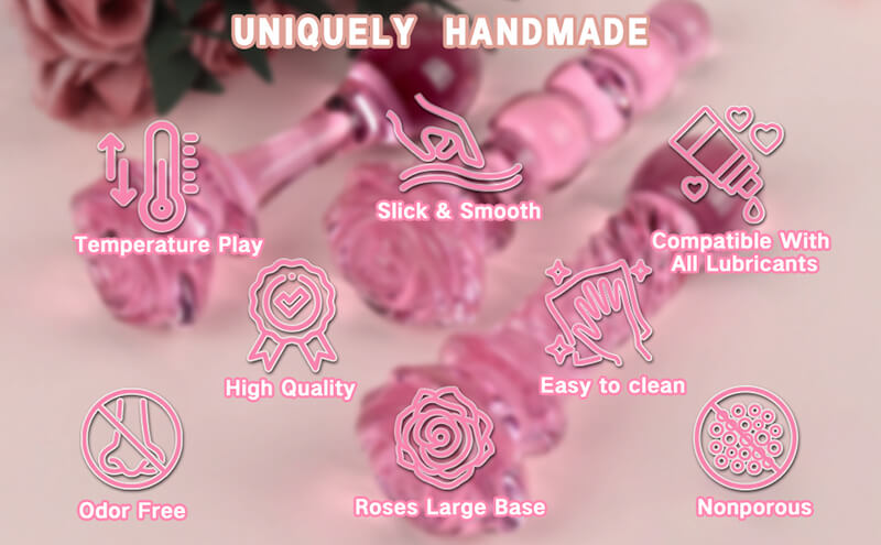 3 Pcs Pink Glass Dildo Set, Rose Crystal Butt Plug Beads Dildo for Adult Anal Training