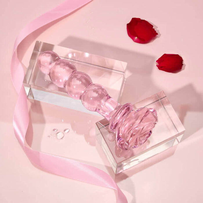 3 Pcs Pink Glass Dildo Set, Rose Crystal Butt Plug Beads Dildo for Adult Anal Training