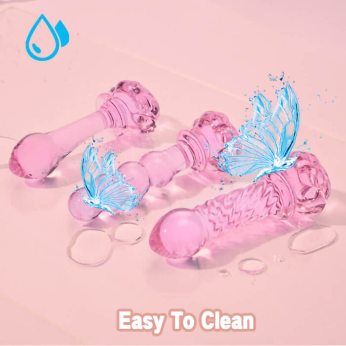 3 Pcs Pink Glass Dildo Set, Rose Crystal Butt Plug Beads Dildo for Adult Anal Training