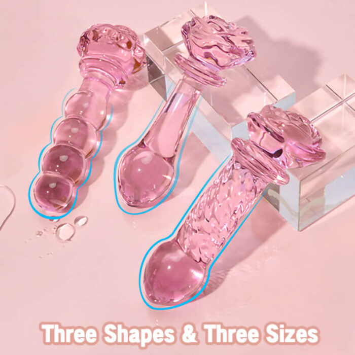 3 Pcs Pink Glass Dildo Set, Rose Crystal Butt Plug Beads Dildo for Adult Anal Training