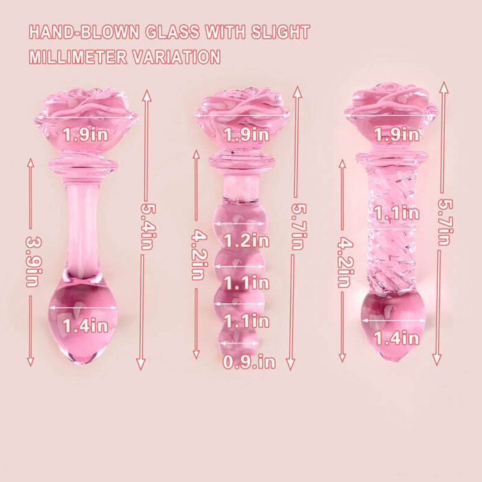 3 Pcs Pink Glass Dildo Set, Rose Crystal Butt Plug Beads Dildo for Adult Anal Training