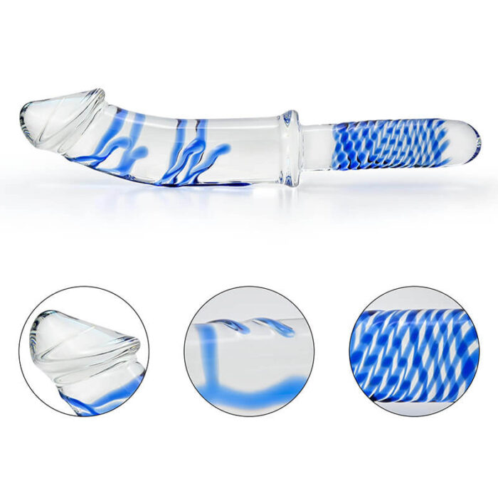 Blue Spiral Glass Dildo, 11Inch Crystal Dildo with Mushroom Tip for Temperature Play